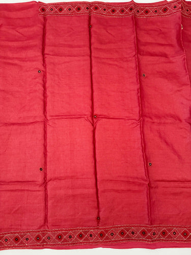 Lightweight Kutch Mirror Embroidery Pure Tussar Silk Saree | Shade of Light Vermillion Red | Hand Embroidery | Ships from California